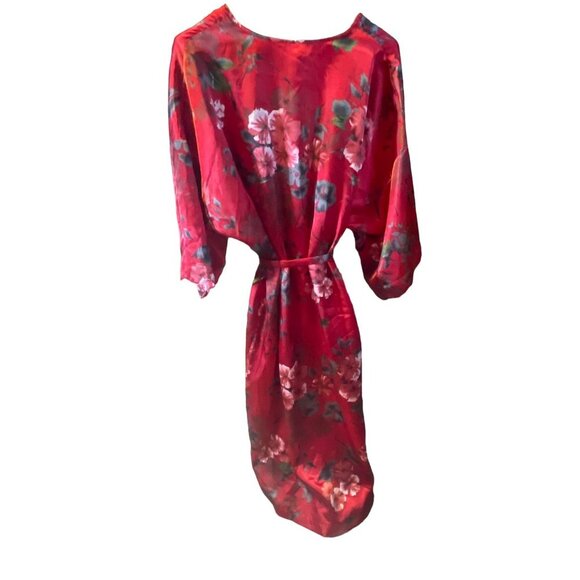 Serenada Red Satin Floral Belted Long Robe Sz 1X - Picture 2 of 7